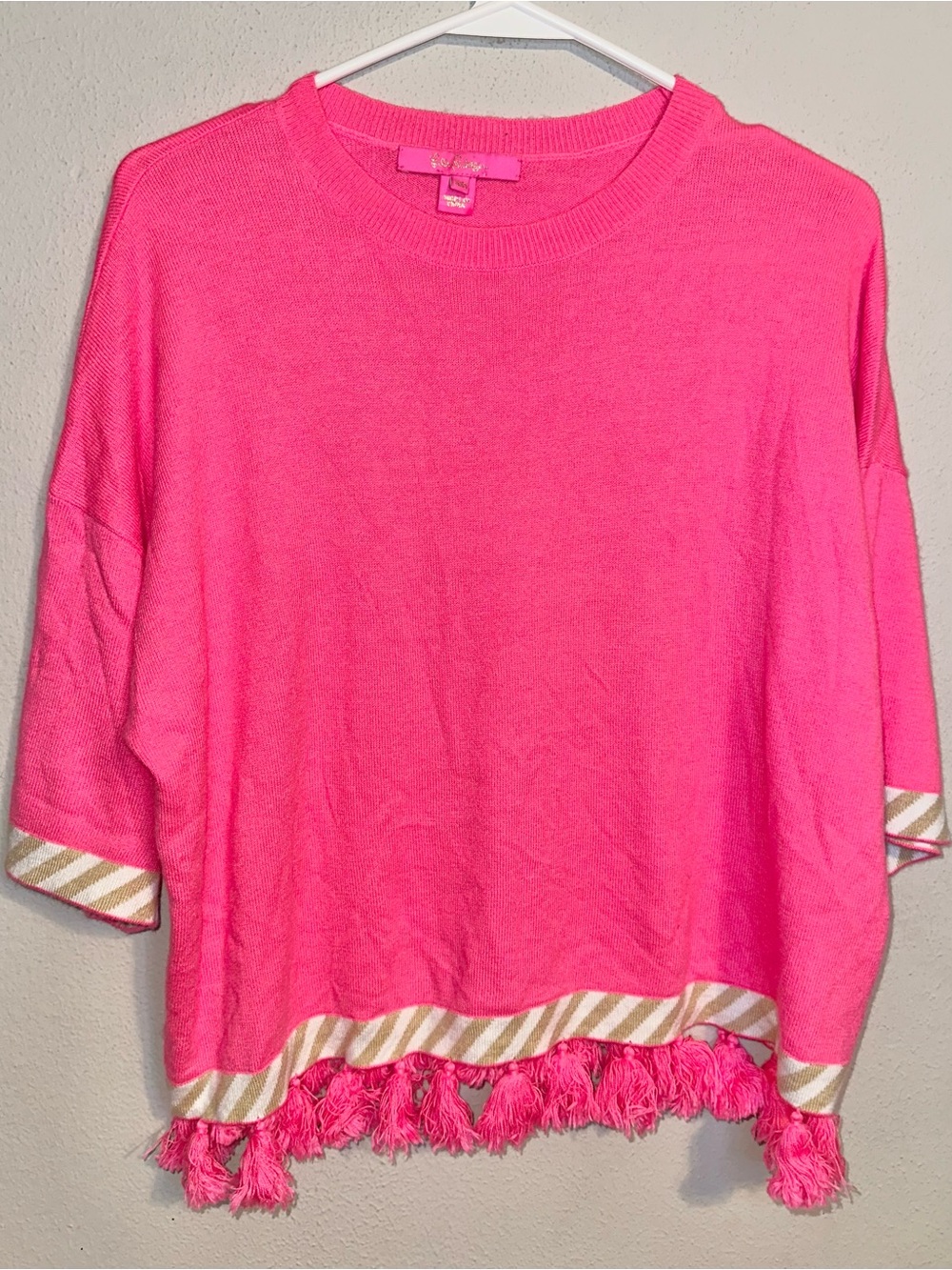 Lilly Pulitzer Hot Pink Fringe Hem Short Sleeve Top